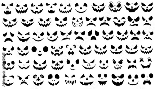 Spooky pumpkin smile and various emotions on the face on white background. Design for the holiday Halloween. Halloween face set.  Vector illustration.