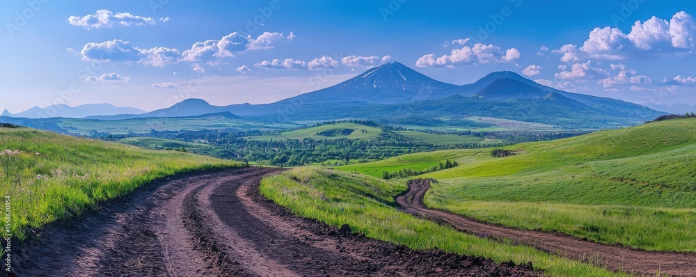 Fototapeta premium A winding dirt road cuts through vibrant green fields under a blue sky with scattered clouds, leading towards distant mountains on a clear day.