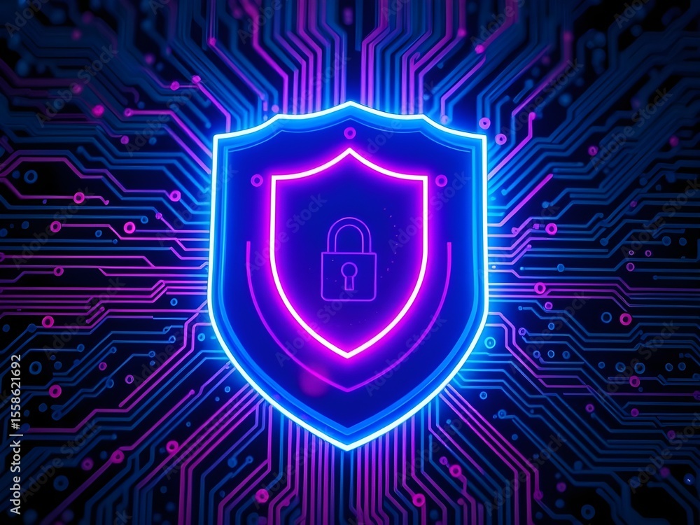 Fototapeta premium Abstract image of digital security shield icon glowing in neon colors