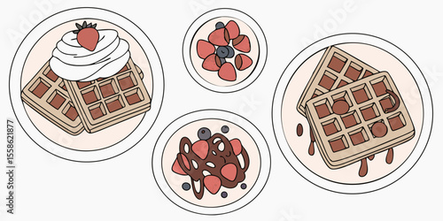 A delightful breakfast plate with a set of floral ornamented Easter eggs and fresh strawberries atop sweet Belgian waffles