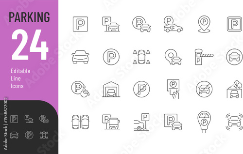 Parking Editable Icons set. Vector illustration in modern thin line style of vehicle related icons: parking area, parking meter, location, and more. Isolated on transparent background.