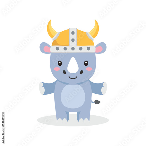 Simple Illustration Cute Rhino with Viking Helmet