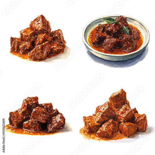 Realistic rendang beef chunks in rich spicy sauce, hand-painted in watercolor style. Perfect for Indonesian food packaging, menu design, or culinary visuals.

