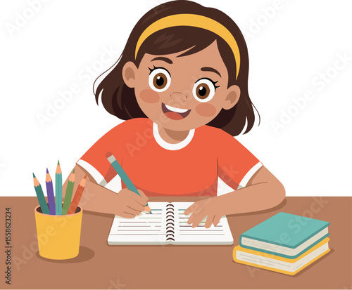 Illustration of a young girl studying and doing homework at her desk with school supplies