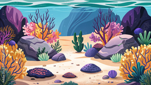 underwater coral reef filled with colorful marine life cartoon vector ideal for ocean themed projects, environmental visuals, and aquatic biodiversity education content