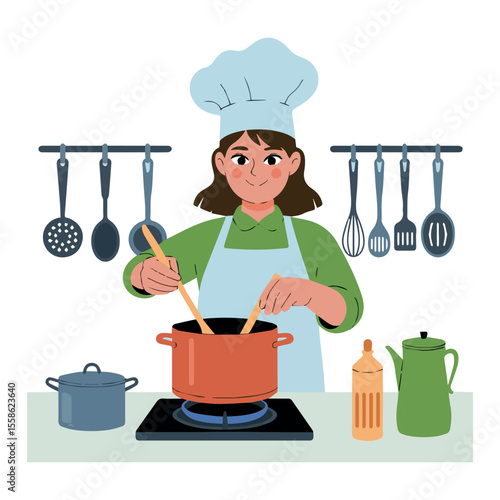 Woman chef cooking food in kitchen illustration for culinary arts and recipe blog posts design
