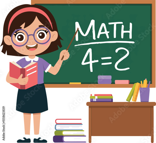 Illustration of school teacher teaching math lesson on blackboard in the classroom setting