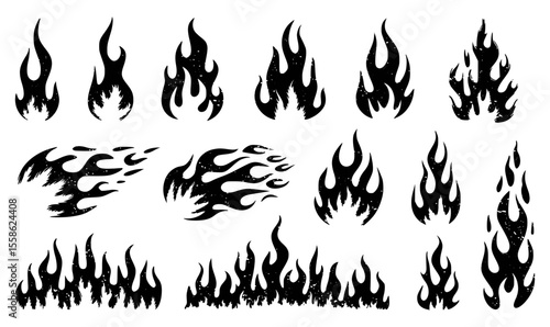 Set of flame and fire in vintage style. Hand drawn engraved monochrome bonfire sketch. Vector illustration for posters, banners and logo.