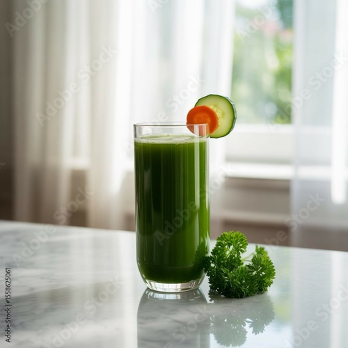Fresh Green Vegetable Juice in a Clear Glass by the Window

