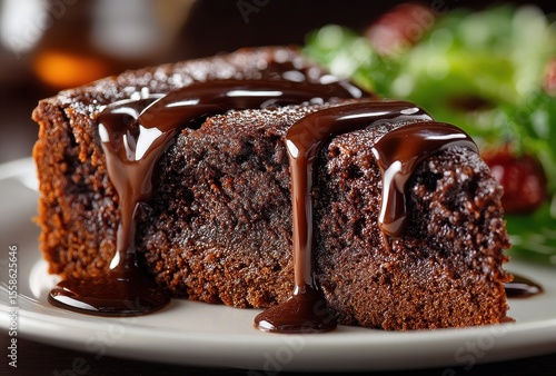 Rich Chocolate Cake with Drizzle of Sauce Served on Plate with Fresh Green Salad and Garnish for Delicious Dessert Experience
