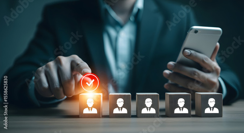 Businessman Choosing Leader with Checkmark, Team Selection Process, Human Psychology Leadership Focus, Career Decision Making