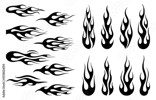 Set of Black Hot Rod Flames and Tribal Fire Design Elements Vector Collection