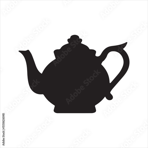 Teapot silhouette icon. Classic black vector graphic of a kettle for tea time, breakfast, or kitchen themes. Isolated vintage pot illustration