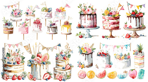 Watercolor floral birthday cakes with fruits, bunting, and festive toppings. Perfect for celebration invitations, event posters, or sweet-themed design.

