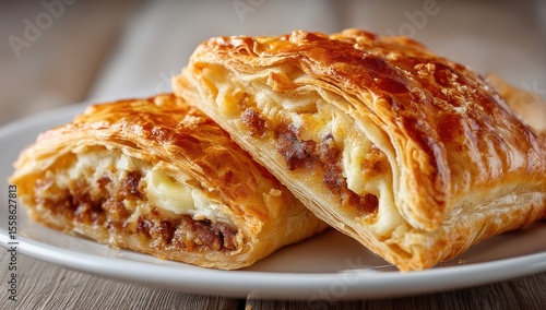Savory puff pastry filled with a rich mixture of meats and cheese, served on a white plate on a rustic wooden table in a warm light setting