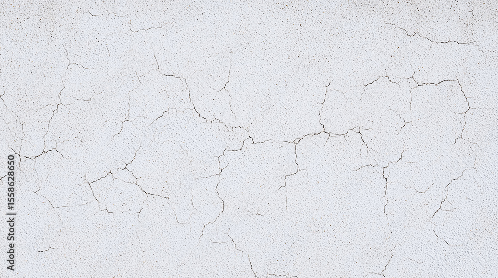 Fototapeta premium Textured white wall displaying intricate cracks and natural imperfections. Clean minimalist setting suitable for interior design and home renovation concepts