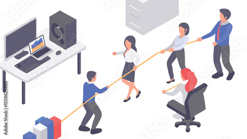 Isometric view of a tug of war game with office workers pulling a rope against stacked blocks on a table top