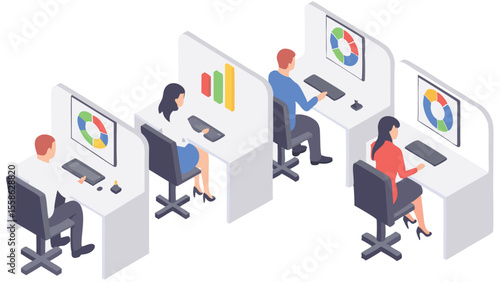 Isometric view of four people working in cubicles with computers displaying charts and graphs in an office
