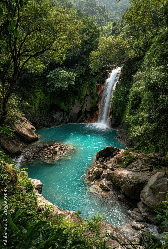 Naklejka premium Serene Waterfall Cascading into a Crystal-Clear Pool Surrounded by Lush Greenery in a Tropical Rainforest Paradise