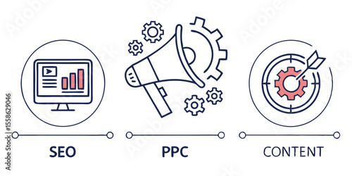 Digital Marketing Strategy Icons – SEO, PPC, and Content Marketing Vector Illustration