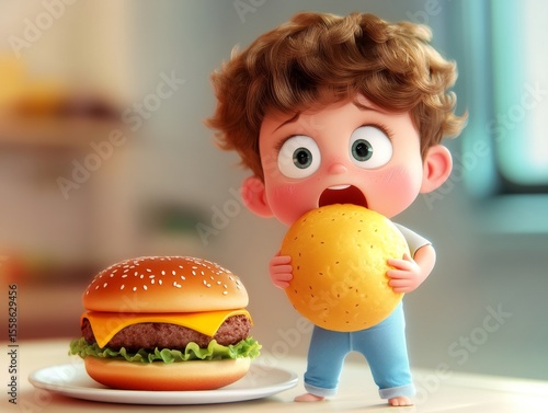 Cute animated boy grabbing a burger with both hands and taking a big bite.