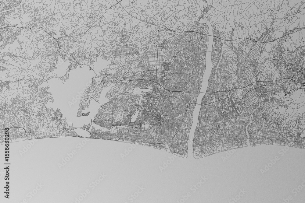 Fototapeta premium Map of the streets of Hamamatsu (Japan) made with black lines on grey paper. Top view. 3d render, illustration