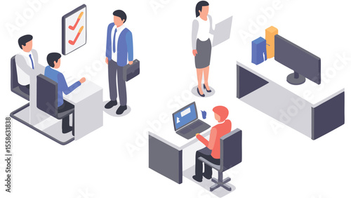 Isometric office scene depicting employees working at desks and attending a meeting in a modern workplace