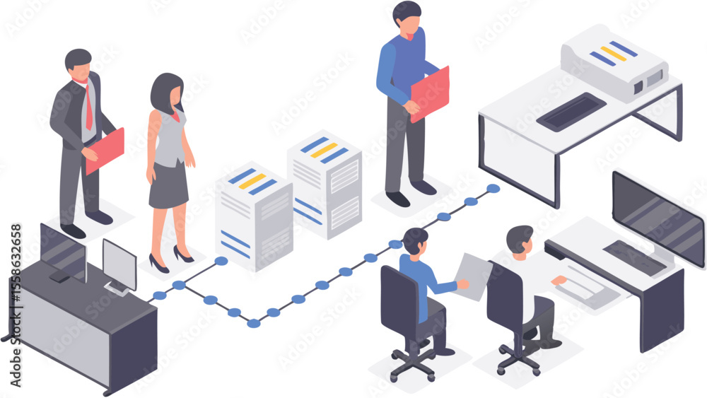 Isometric illustration of business people connecting through a network in an office setting scene Isometric illustration of business people connecting through a network in an office setting scene