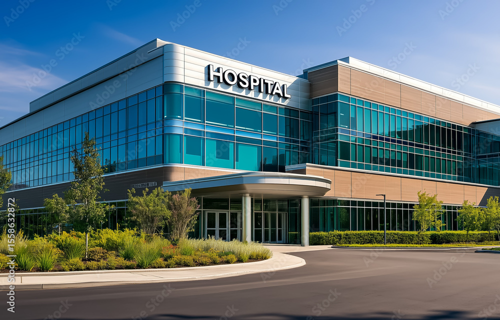 Obraz premium Modern hospital building with glass facade and landscaping