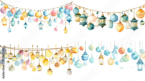 Watercolor festive lantern garlands in soft pastel colors. Ideal for holiday, celebration, and event decoration illustrations or greeting cards.

