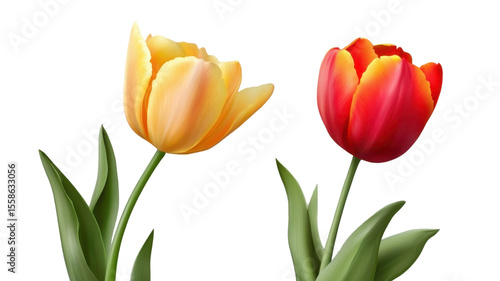 Fresh bouquet of yellow tulips with green leaves isolated on white background
