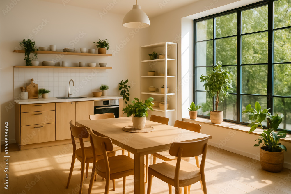 Fototapeta premium Modern kitchen dining area with plants and natural light