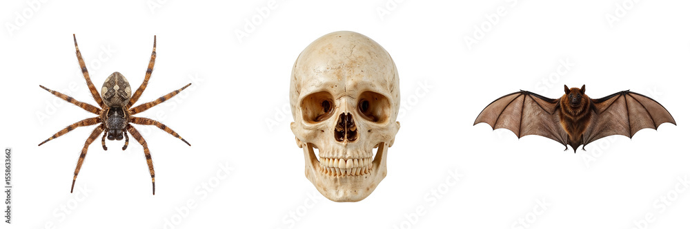 Obraz premium Spider, skull, and bat arranged for Halloween decorations 