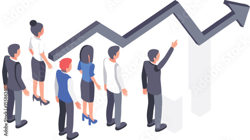Group of people looking at an upward trending arrow graph with one person pointing at the graph peak