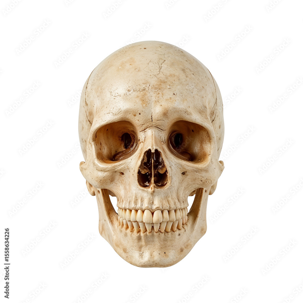 Fototapeta premium Human skull displayed in anatomical position with neutral background 