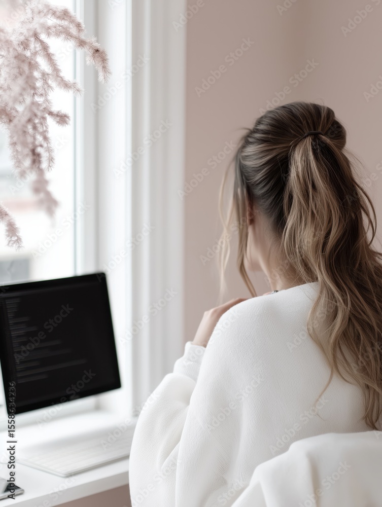Woman working on computer in cozy home office, back view, indoor setting, light colors Woman working on computer in cozy home office, back view, indoor setting, light colors