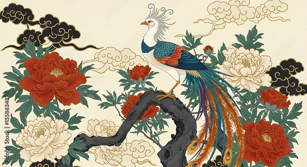 Obraz premium An exquisite oriental illustration depicting an imperial phoenix with vibrant plumage perched on a gnarled branch, surrounded by lush red and white peonies and traditional black and gold clouds.