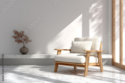 Cozy minimalist living room with wood accent chair and plant