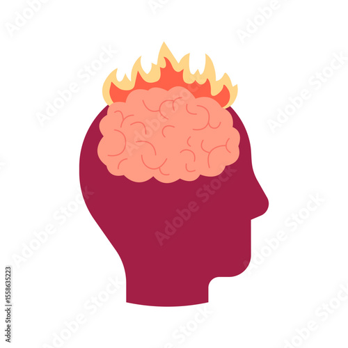 Brain with fire, head profile. Burnout on stress, brainstorm. Intense brain activity from overwork, tension, multitasking. Vector illustration