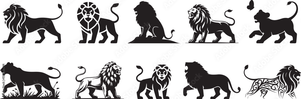 Obraz premium Set of lion animal black silhouette vector illustration icon set collections