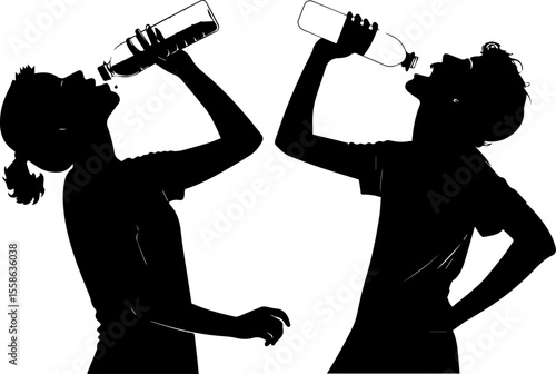 People Drinking Water from Bottles Silhouette | Hydration and Refreshment