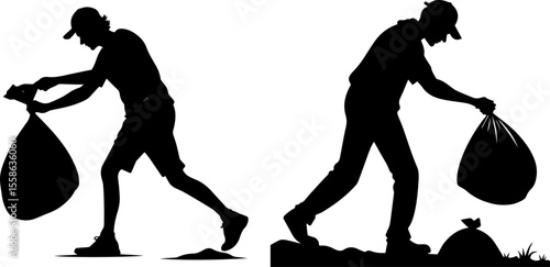 Person Cleaning Up Trash with Garbage Bag Silhouette | Environmental Cleanup
