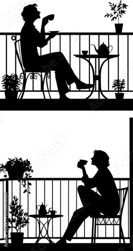 Woman Drinking Tea on Balcony Silhouette | Relaxing Outdoor Lifestyle