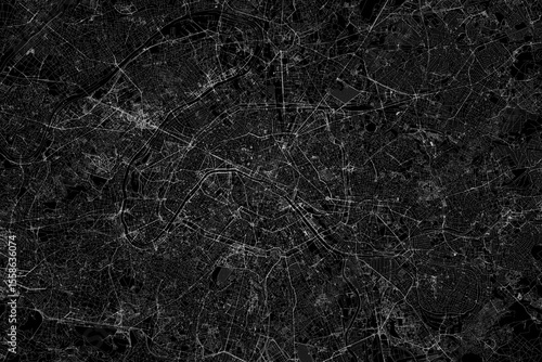 Stylized map of the streets of Paris (France) made with white lines on black background. Top view. 3d render, illustration
