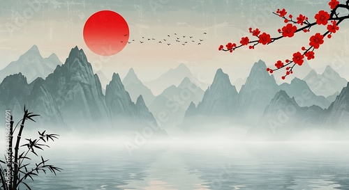 A serene and atmospheric Asian landscape featuring misty mountains, a tranquil lake with reflections, a vibrant red sun, and a delicate branch of red cherry blossoms.