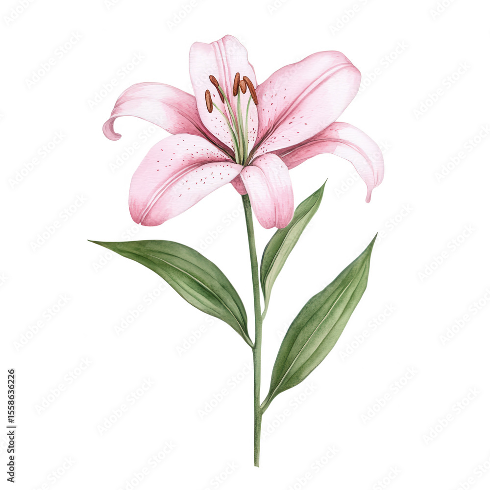 Naklejka premium Delicate Pink Lily Watercolor Botanical Flower Illustration Isolated on a transparent background image