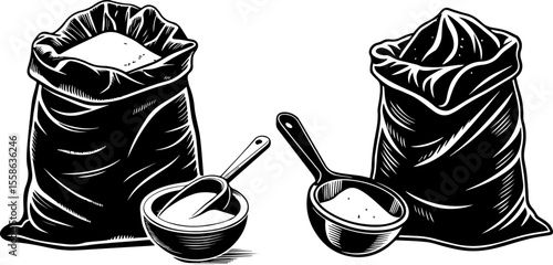 Sacks of Flour or Sugar with Scoops | Baking Ingredients Silhouette