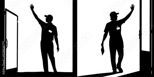 Welcoming Delivery Person Silhouette Waving Hand | Entrance Greeting