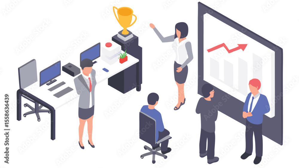 Isometric office scene showing a presentation with a trophy and office workstations visible Isometric office scene showing a presentation with a trophy and office workstations visible