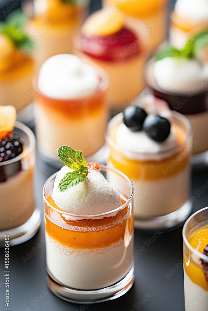 Series of glass cups arranged with layers of panna cotta, fruit jelly, and whipped cream, knolling pattern Series of glass cups arranged with layers of panna cotta, fruit jelly, and whipped cream, knolling pattern